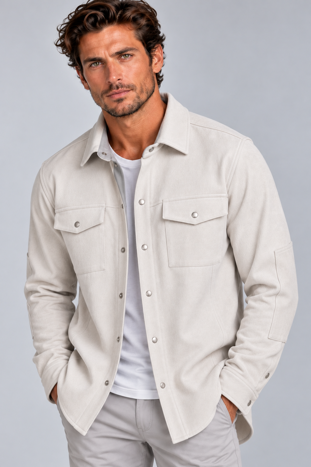 A man modeling the Atlas Over Shirt L button-down shirt jacket over a black Cinqo t-shirt, paired with light beige trousers and gray slip-on shoes, against a neutral light gray studio background.