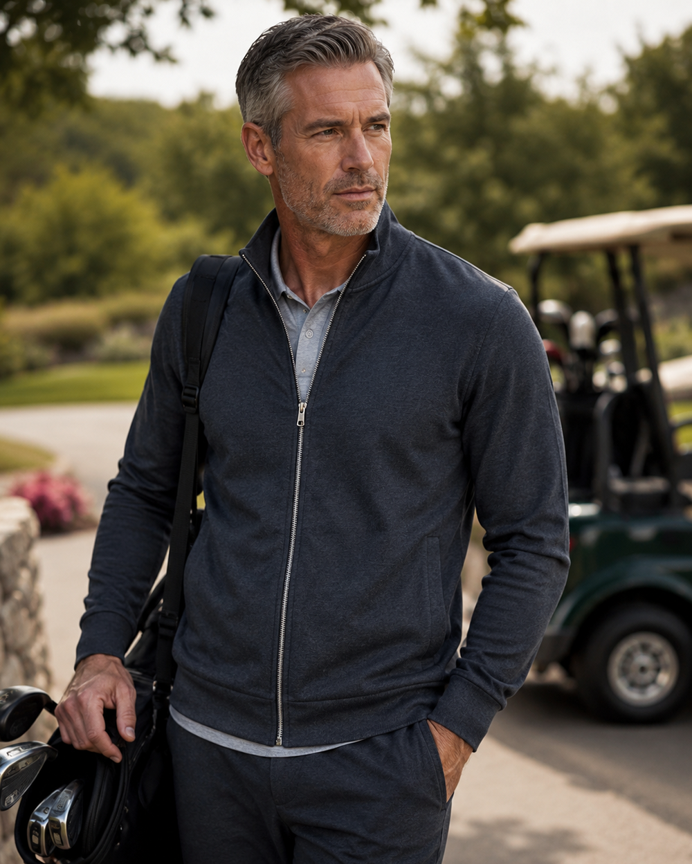 Man in navyCharcoal Breckenridge Full Zip walking on a golf course with a golf club bag.