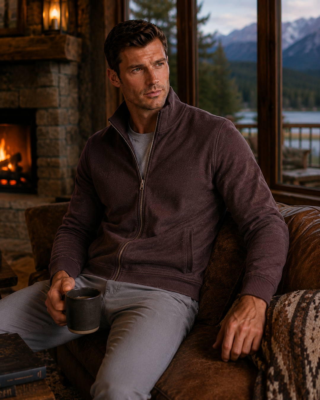 Man sitting in a leather chair by a fireplace with a scenic view outside wearing the Buki Breckenridge in Espresso and a White Cinqo Polo