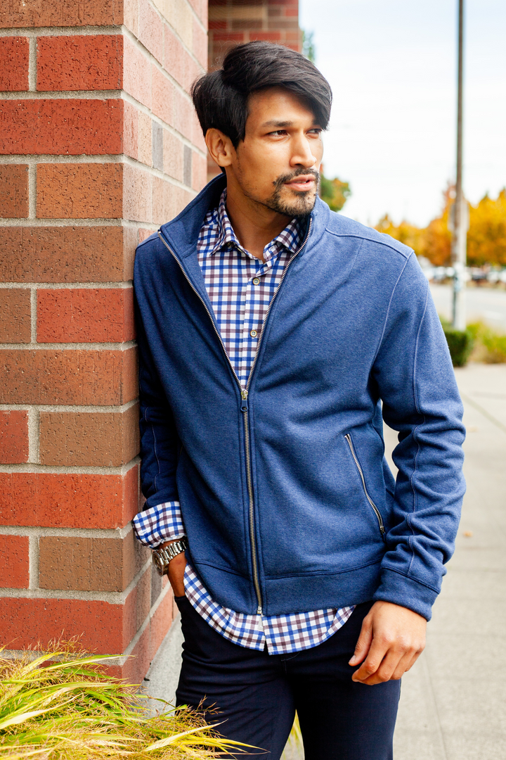 Check Mate Lounge Set - Long Sleeve Shirt & Full Zip 'Sweater'-OUTFIT SETS-BUKI-M-Navy/Brown-Buki