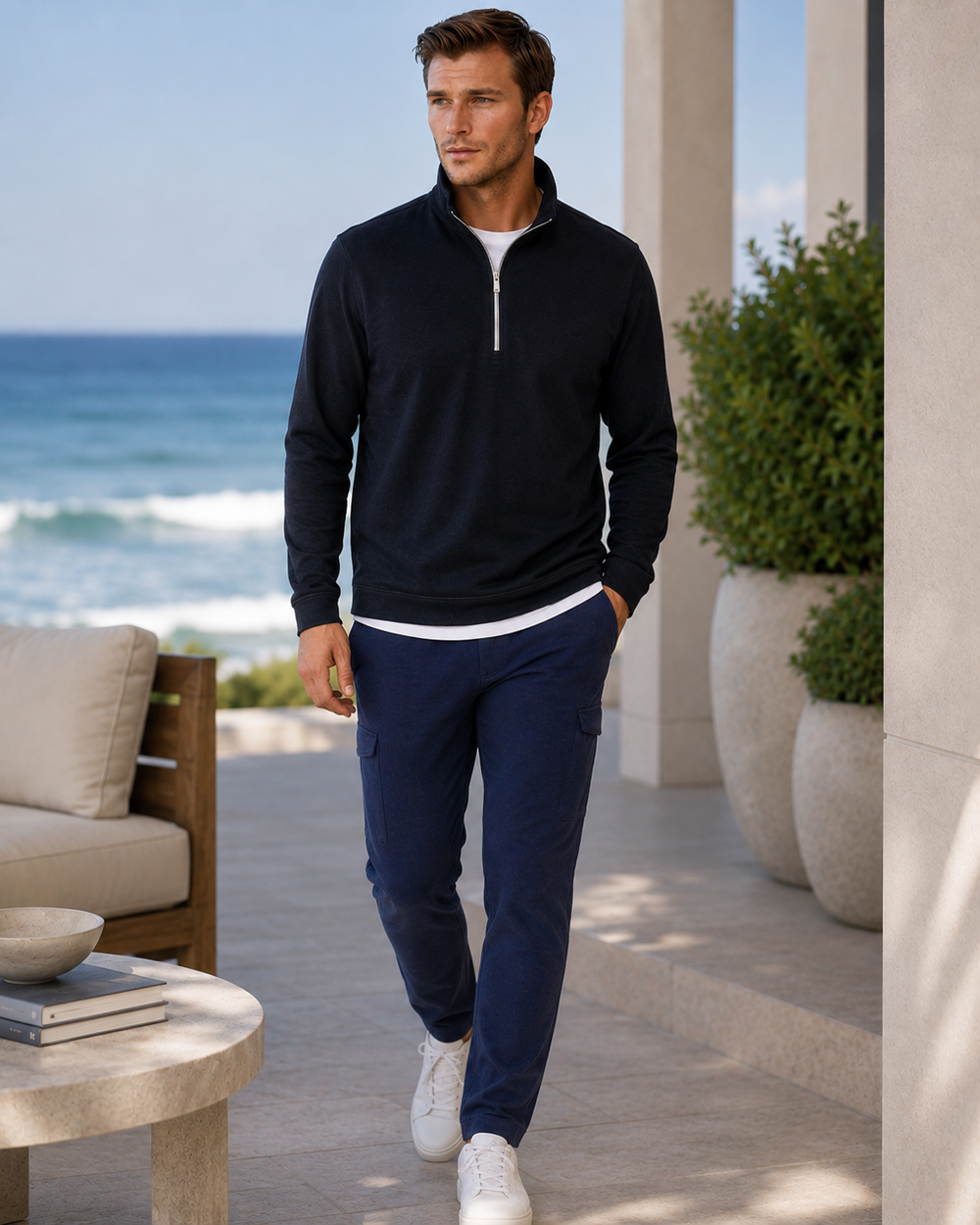 Man in Black Cinqo Half ZIp  and Hiogh Five pants and Cinqo Long Sleeve T-shirt walking outdoors with ocean view