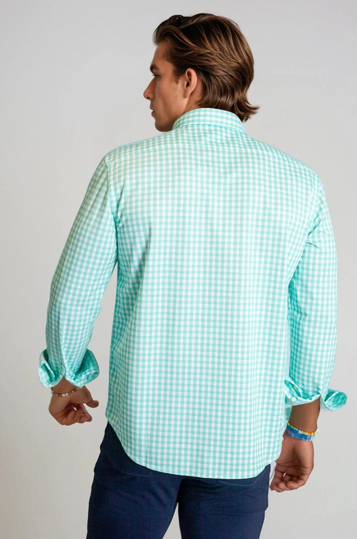 Mauro Long Sleeve Check Tech Shirt - Emerald-LONG SLEEVE SHIRTS-BUKI-M-Emerald-Buki
