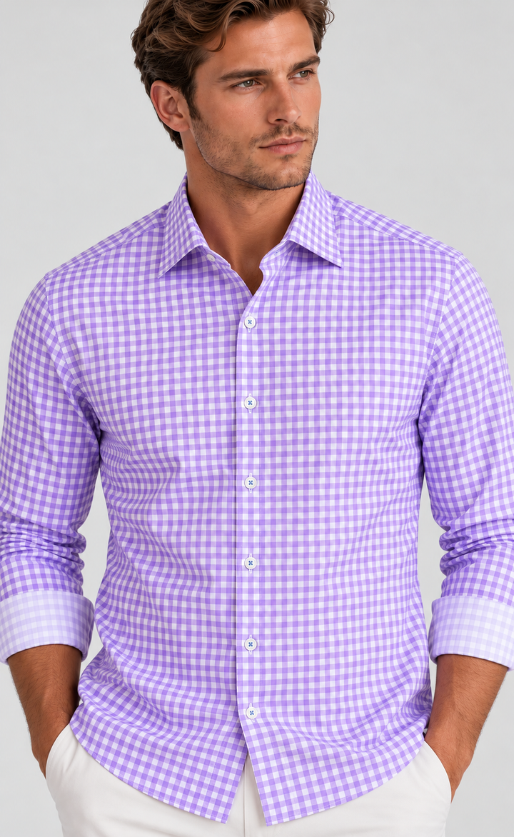 Man wearinig Buki Mauro Lavendar Long Sleeve shirtXL