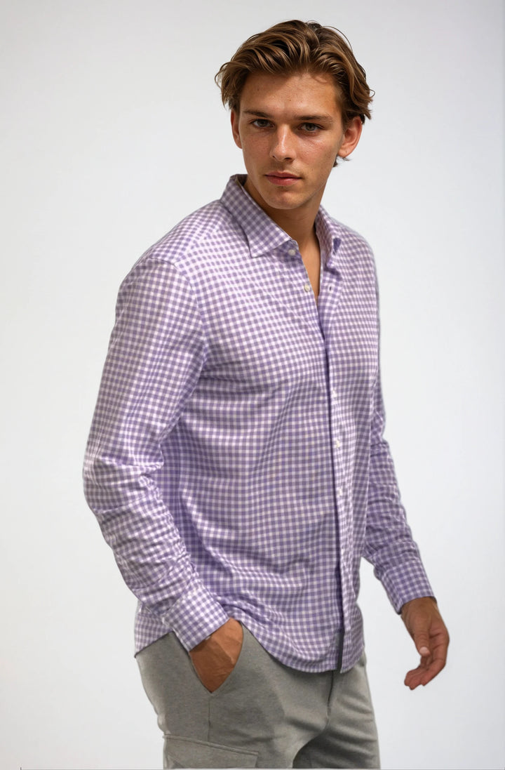 Mauro Long Sleeve Check Tech Shirt - Lavender-LONG SLEEVE SHIRTS-BUKI-M-Lavender-Buki