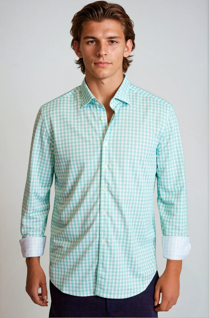 Mauro Long Sleeve Check Tech Shirt - Emerald-LONG SLEEVE SHIRTS-BUKI-M-Emerald-Buki
