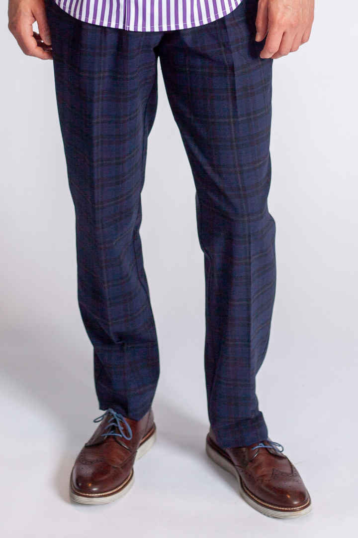 Pleated Wool Trouser Pants - Navy Plaid-PANTS-BUKI-M-Navy Plaid-Buki