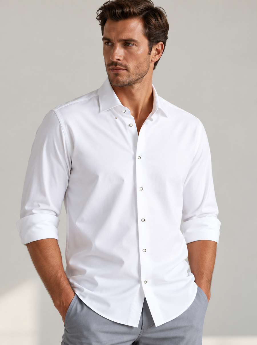 Single Shot Button Front Long Sleeve Shirt - White