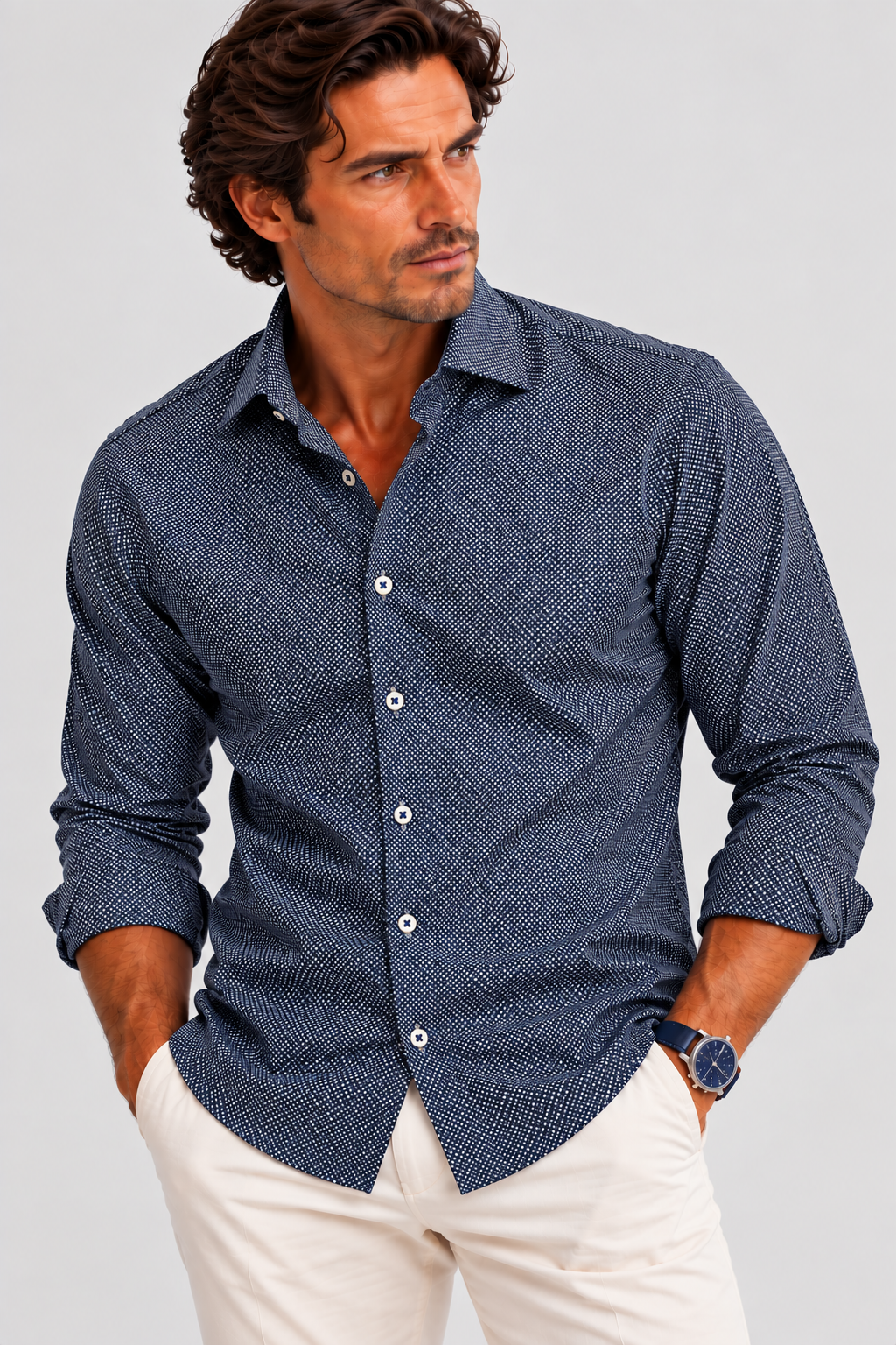 A man wearing a Buki Studio Dot long-sleeve button-down shirt with a subtle textured pattern in Navy, paired with dark navy pants, photographed against a solid gray studio background.