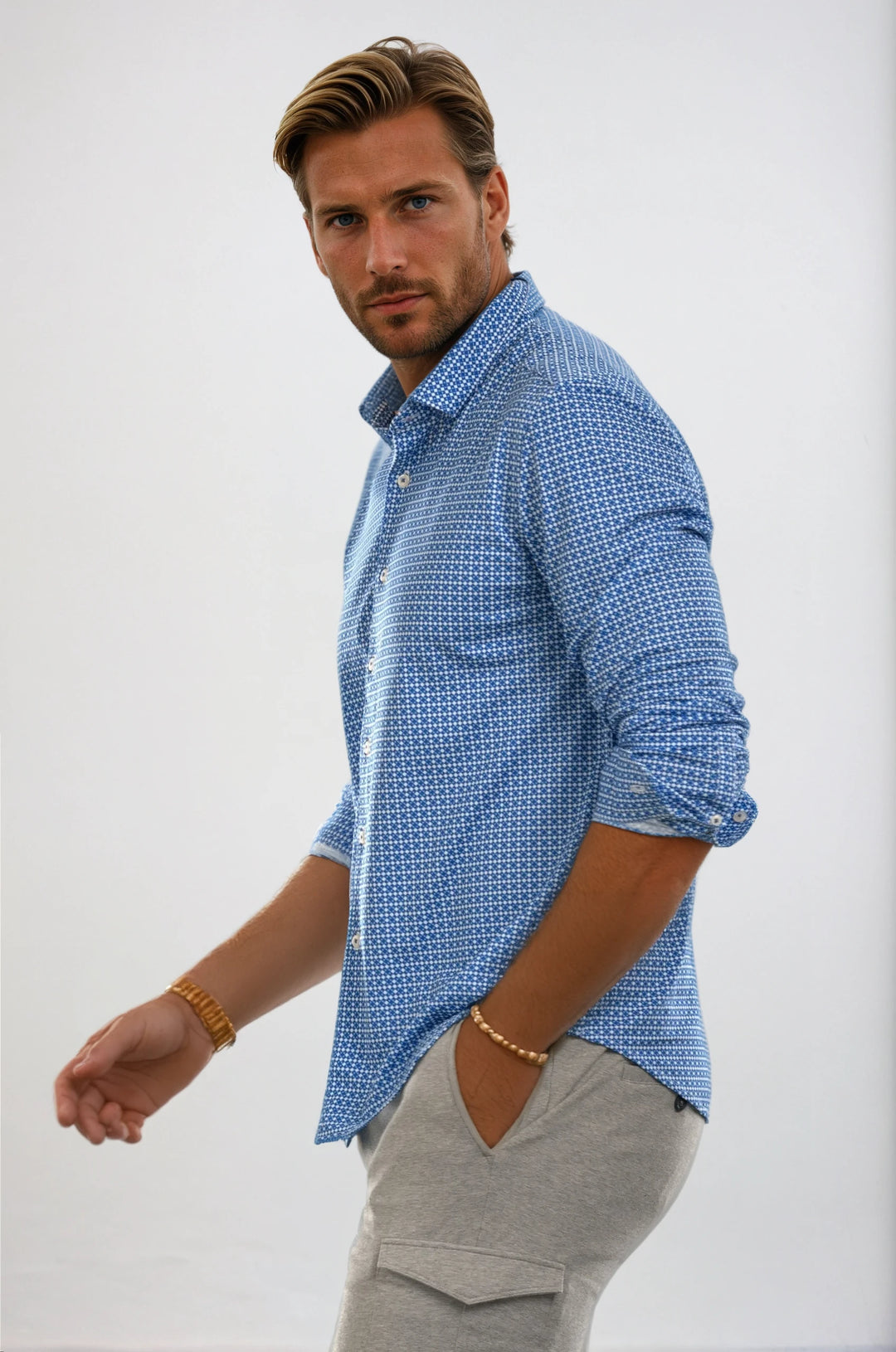 Swiss Check Long Sleeve Tech Shirt - Blue-LONG SLEEVE SHIRTS-BUKI-M-Blue / White-Buki