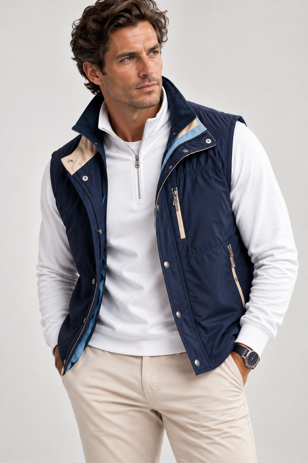 A man wearing a navy blue sleeveless quilted BUKI TECH vest over a white long-sleeve 1/2 zip  and navy pants, photographed against a light gray studio background.