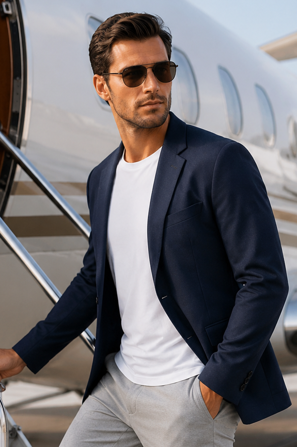Buki Travel Blazer with 
Cinqo  white T-Shirt on man boarding a private jet
