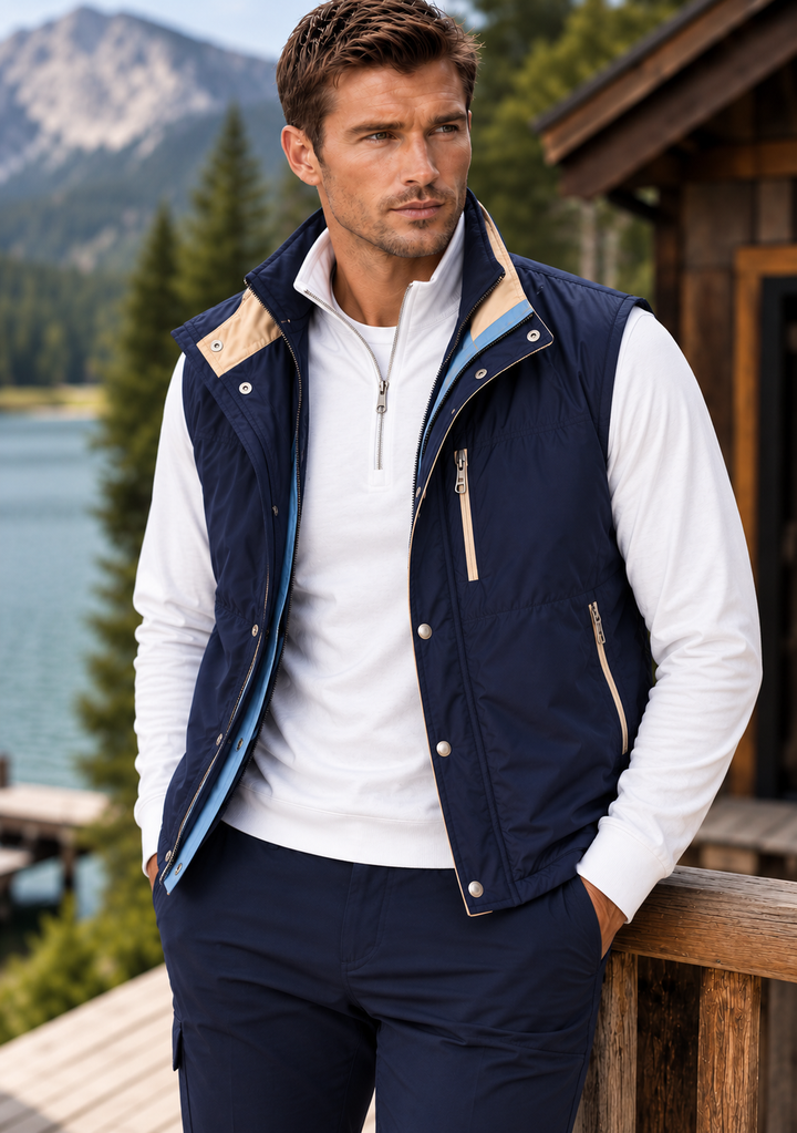 A man wearing a Buki Tech Vest in navy blue zip-front vest over a white 1/2 ZIp quarter-zip pullover and navy pants, standing on a wooden deck with a lake, mountains, and a cabin in the background.