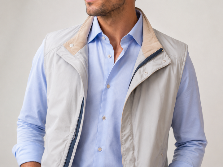 A man wearing a light beige Buki zip-up vest over a Single Shot in Ice Flow light blue dress shirt, shown from the chin down against a plain light gray studio background.