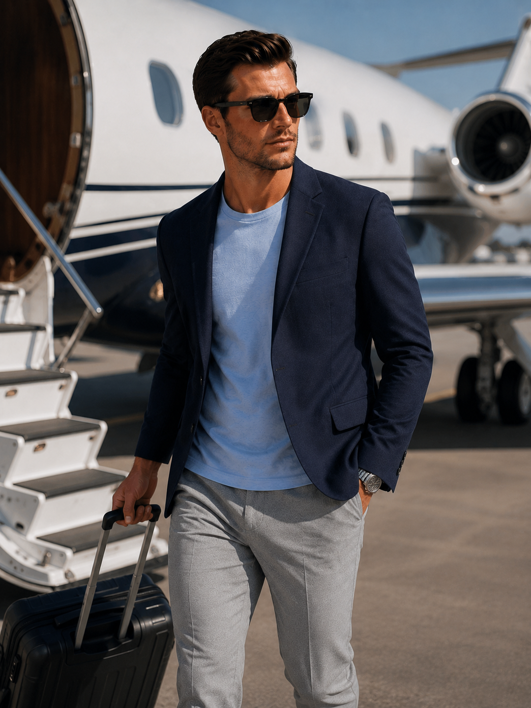 Man in Buki Travel Tech Jacket and French Blue Cinqo T Shirt Jet Set Traveling