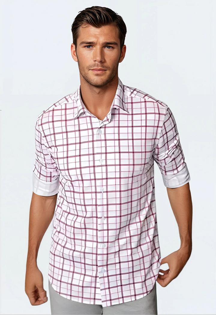 Carnaby Plaid Long Sleeve Tech Shirt-LONG SLEEVE SHIRTS-BUKI-M-White/Maroon-Buki