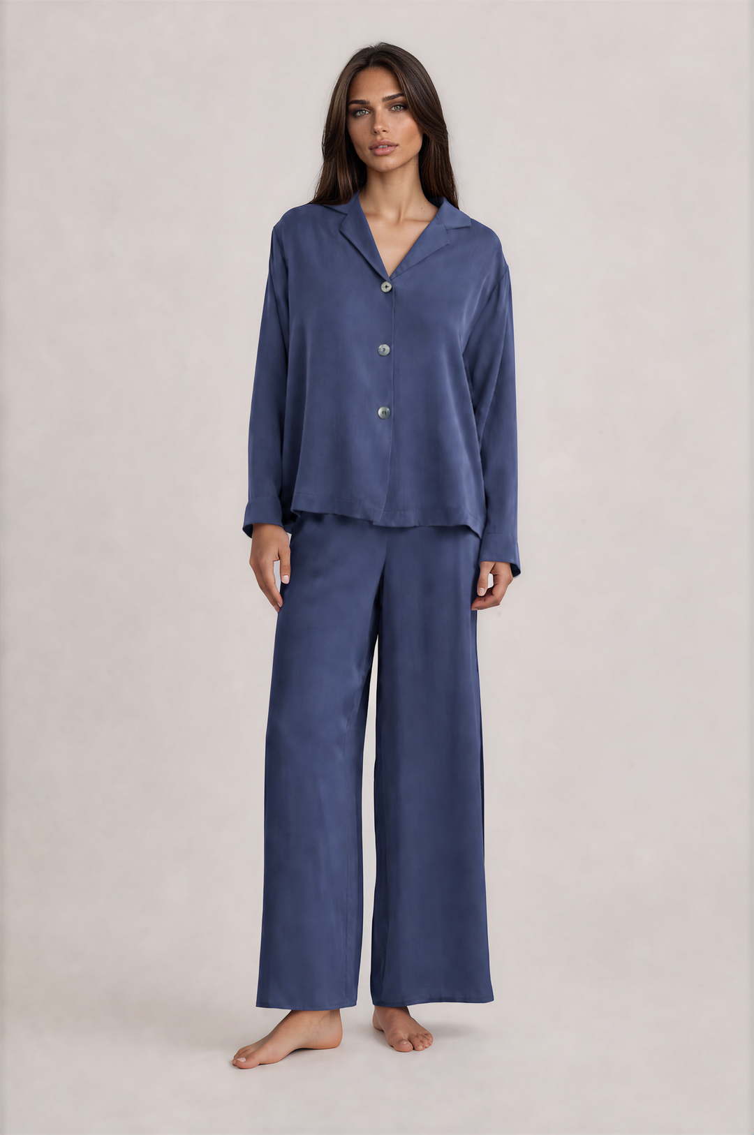 100% Washable Silk Pajama Long Sleeve Top - Indigo-SLEEPWEAR-BUKI-Indigo-XS-Buki