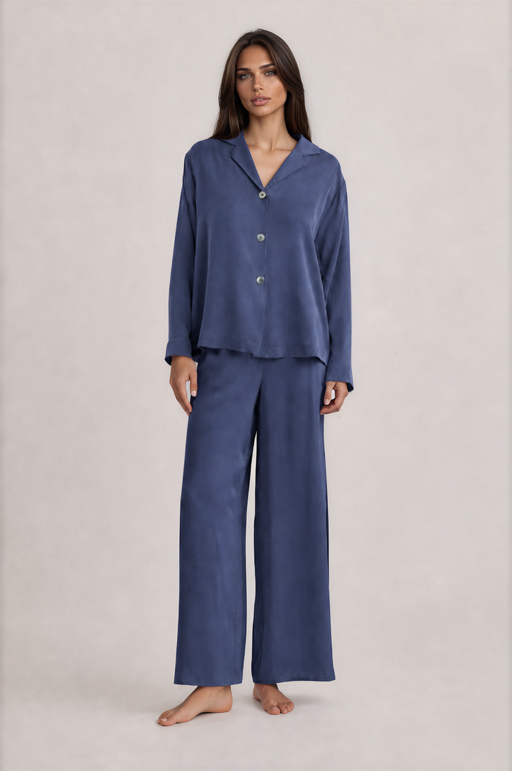 100% Washable Silk Pajama Long Sleeve Top - Indigo-SLEEPWEAR-BUKI-Indigo-XS-Buki