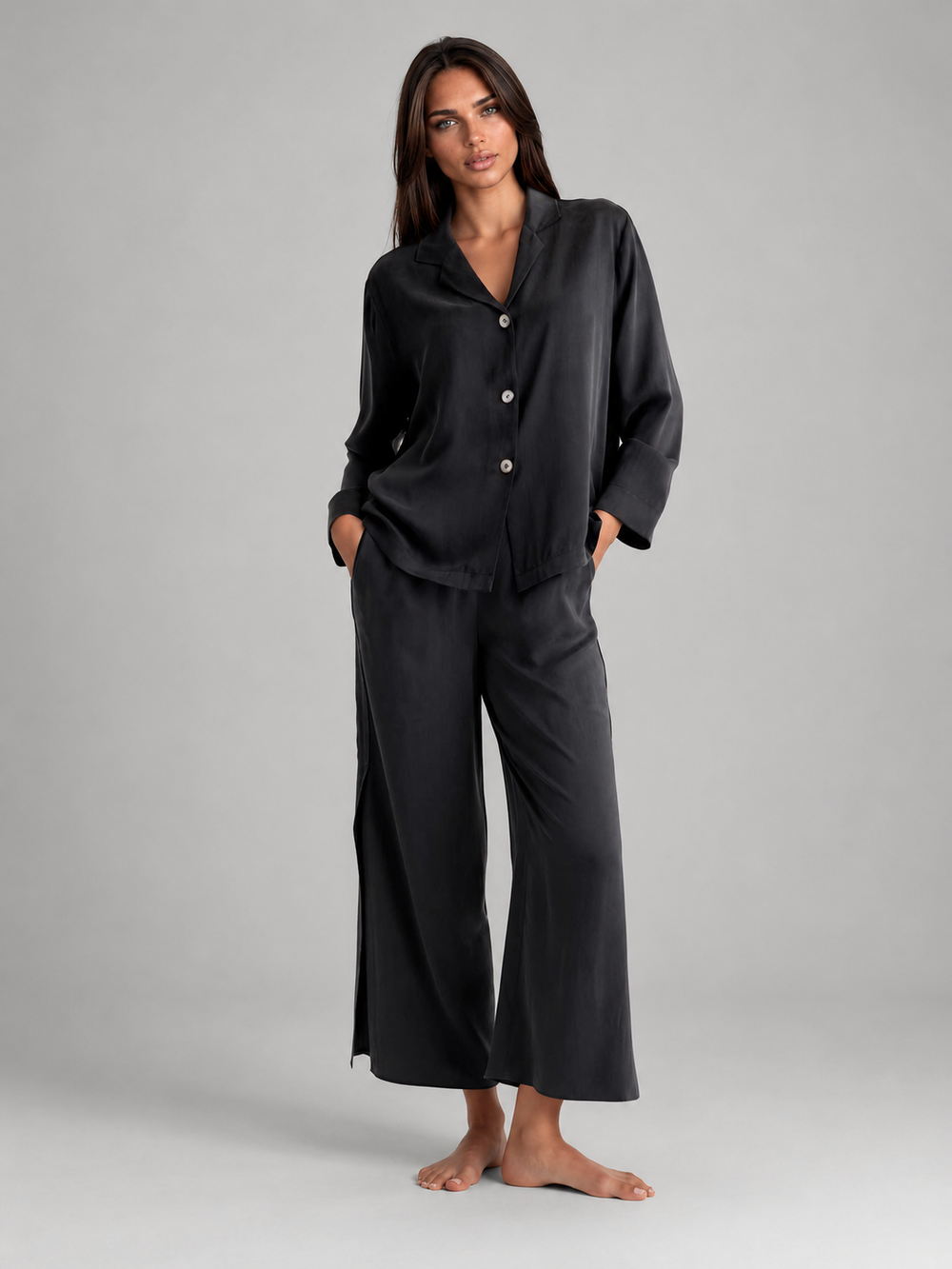 100% Washable Silk Pajama Long Sleeve Top - Black-SLEEPWEAR-BUKI-Black-XS-Buki