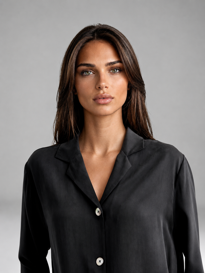100% Washable Silk Pajama Long Sleeve Top - Black-SLEEPWEAR-BUKI-Black-XS-Buki