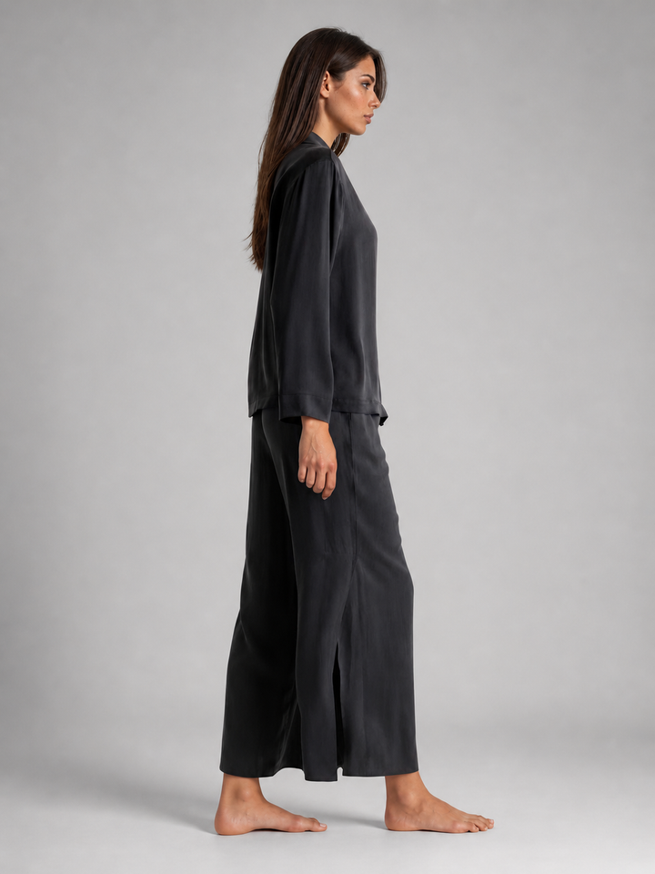 100% Washable Silk Pajama Long Sleeve Top - Black-SLEEPWEAR-BUKI-Black-XS-Buki