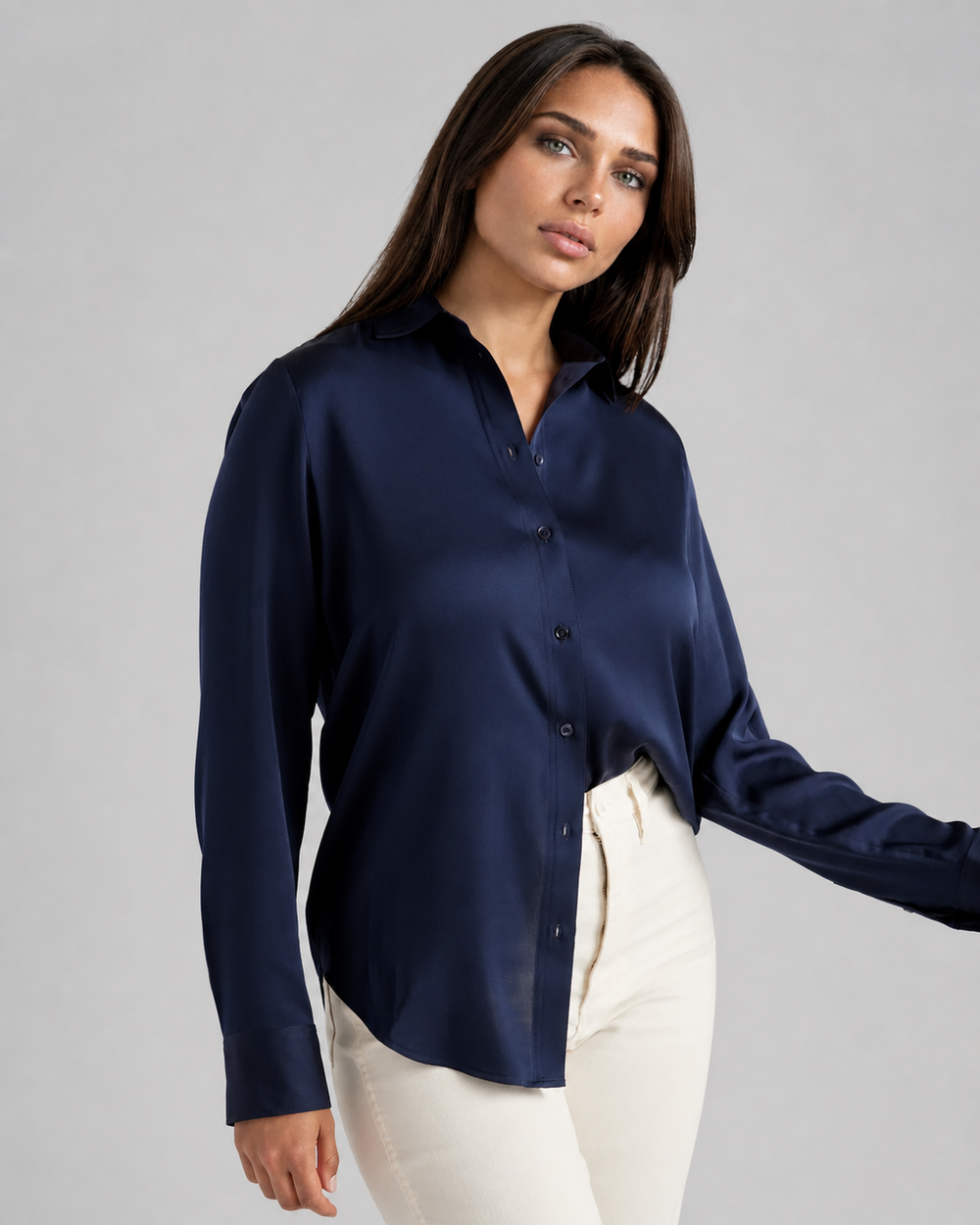 Washable Stretch Silk Blouse - Navy-SHIRTS & BLOUSES-BUKI-Navy-XS-Buki