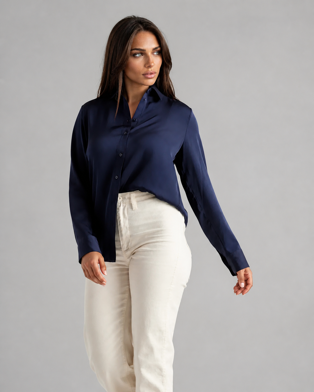 Washable Stretch Silk Blouse - Navy-SHIRTS & BLOUSES-BUKI-Navy-XS-Buki
