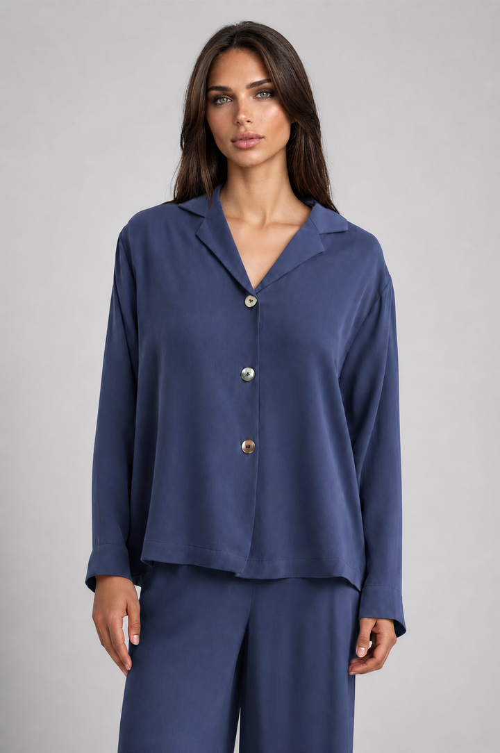 100% Washable Silk Pajama Long Sleeve Top - Indigo-SLEEPWEAR-BUKI-Indigo-XS-Buki