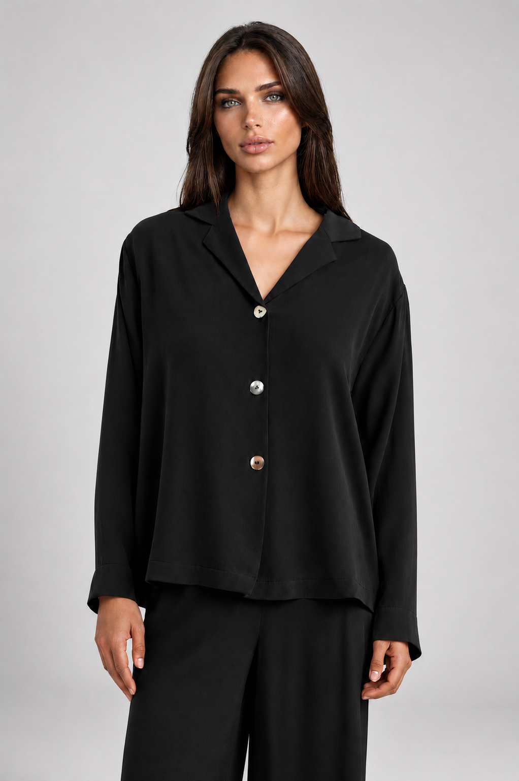100% Washable Silk Pajama Long Sleeve Top - Black-SLEEPWEAR-BUKI-Black-XS-Buki