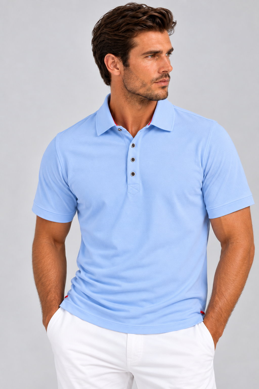 Man wearing Buki Cinqo Polo in Cool Bl;ue in a studio 