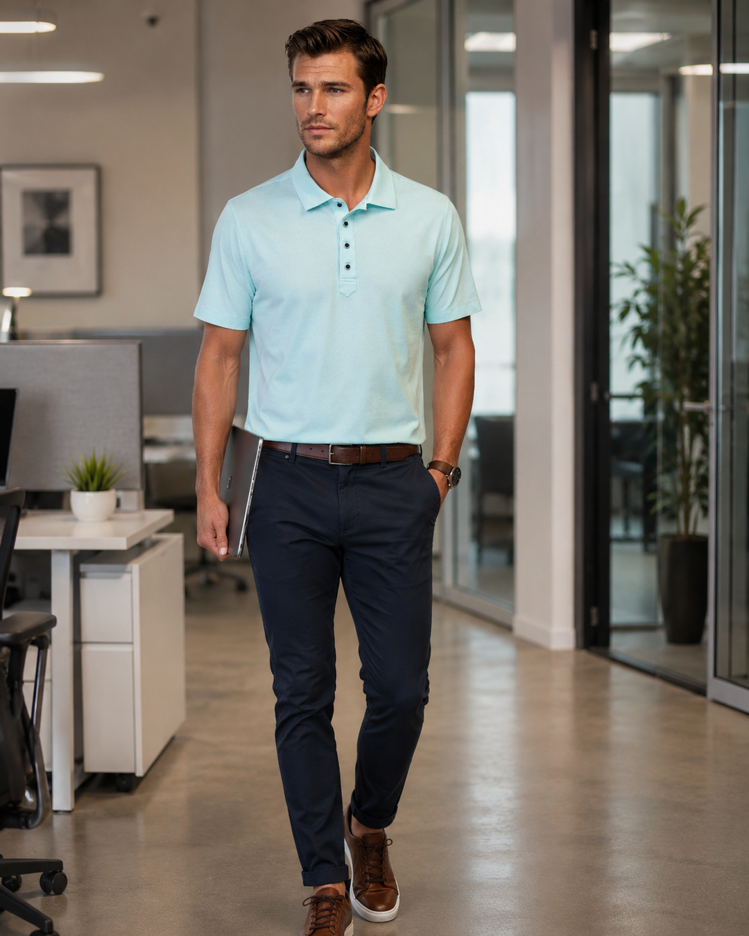 Man walking in an office wearing a Cinqo polo shirt in Julep and Navy  pants.