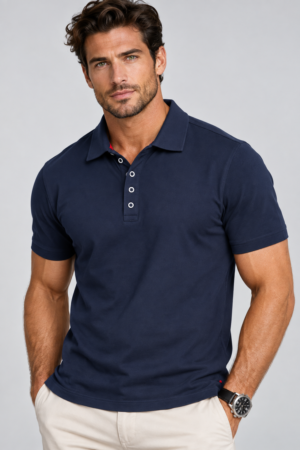 Man wearing a Buki Cinqo Polo in Navy in the studio L