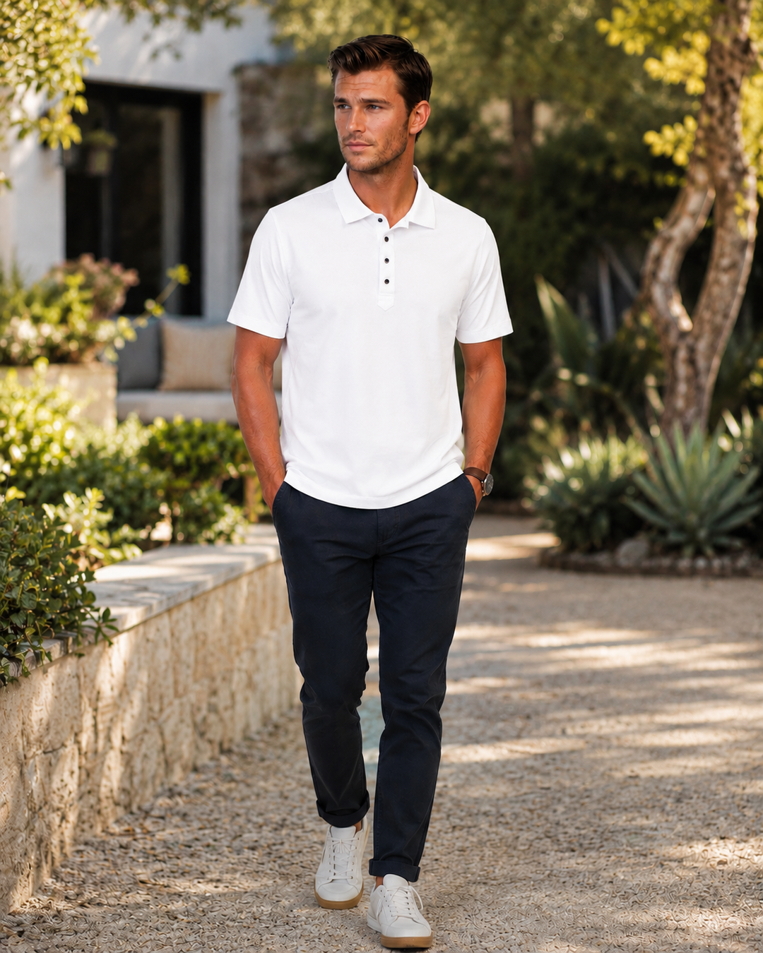 Man walking outdoors in a Cinqo white polo shirt and dark pants
