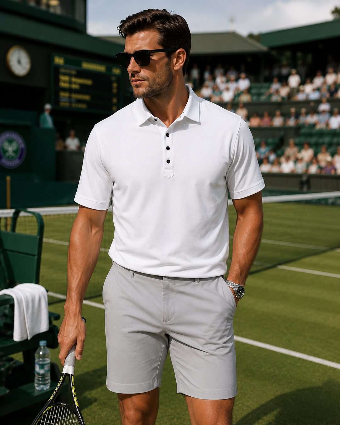 Man wearing Buki Cinqo Polo in White with Pearl Grey Eagle Shirt at tennis Tournament