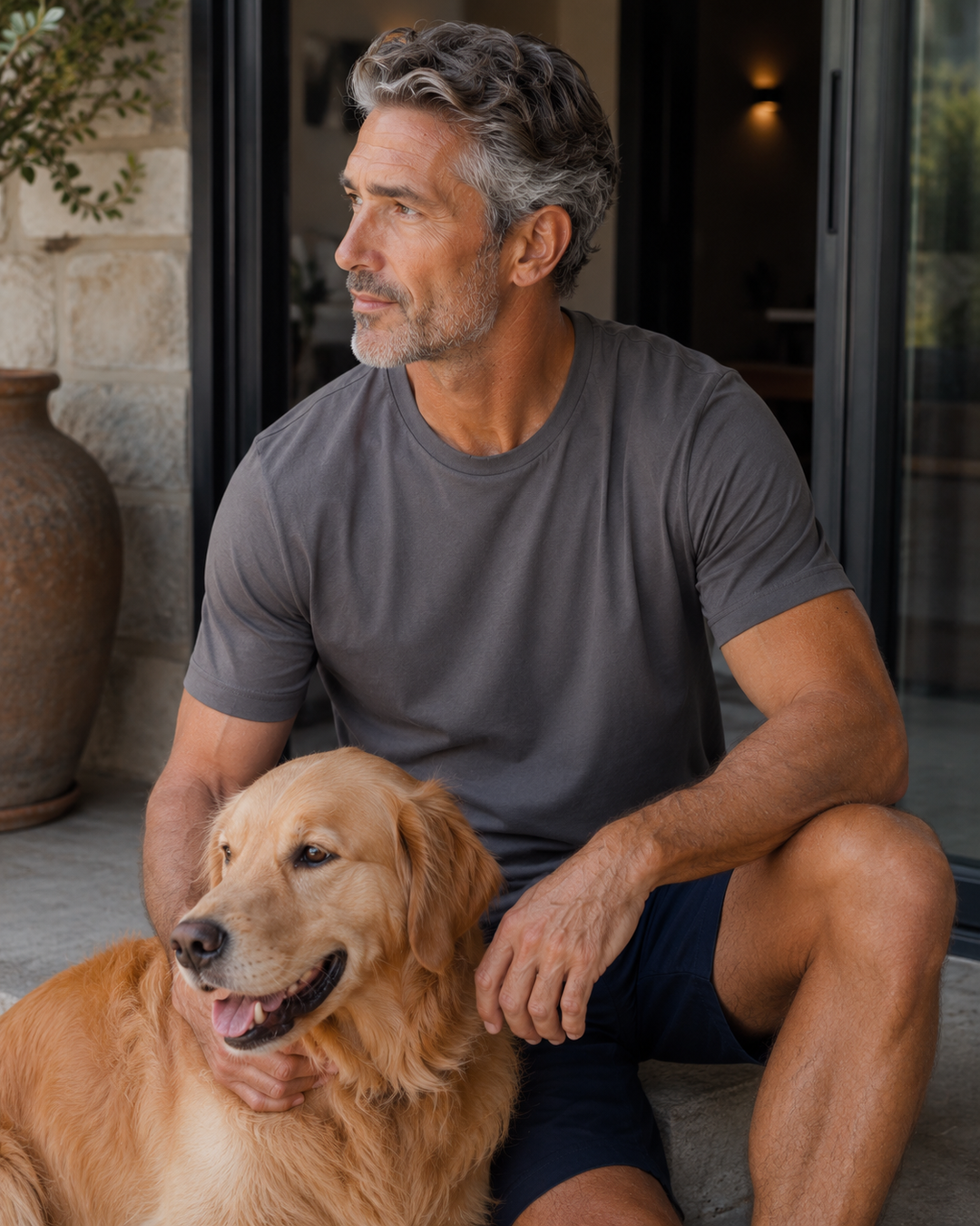 Man sitting with a golden retriever on a patio in  a Buki Cinqo Tee shirt in Raven