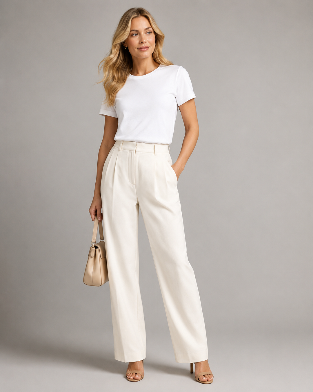 A woman modeling a white short-sleeve cinqo techt-shirt and high-waisted, wide-leg cream trousers, styled with a beige handbag and beige heeled sandals against a solid gray studio background.