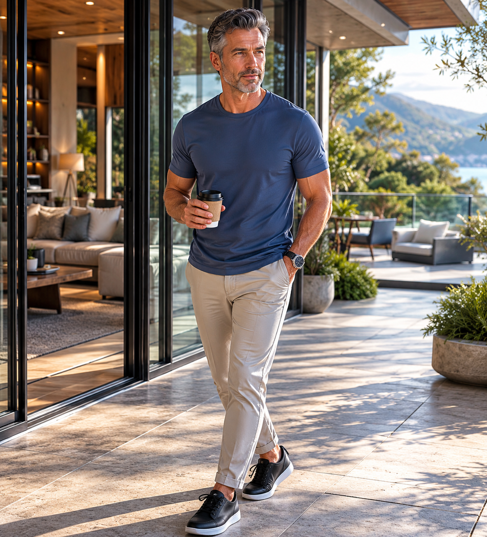 Man walking on a patio holding a coffee cup in a Buki Cinqo Tee in Navy, with a modern house and mountain view in the background.