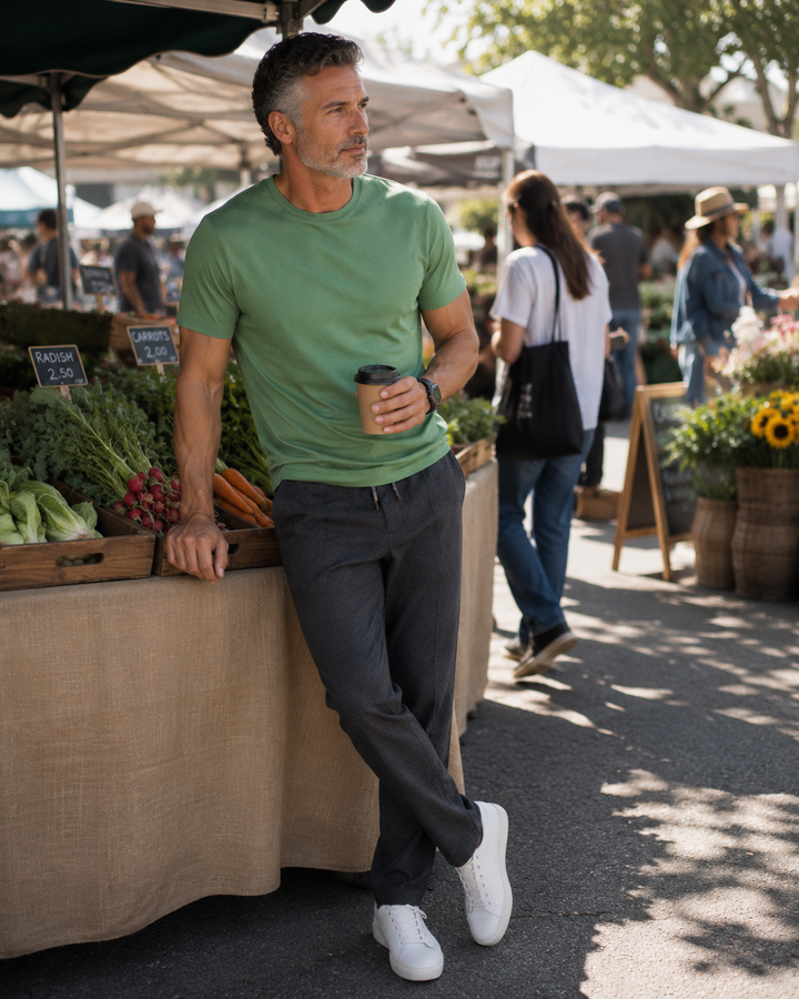 Man in Buki Cinqo T-Shirt in Olive and a Grey Getaway Pant shirt holding a coffee cup at an outdoor farmers market.