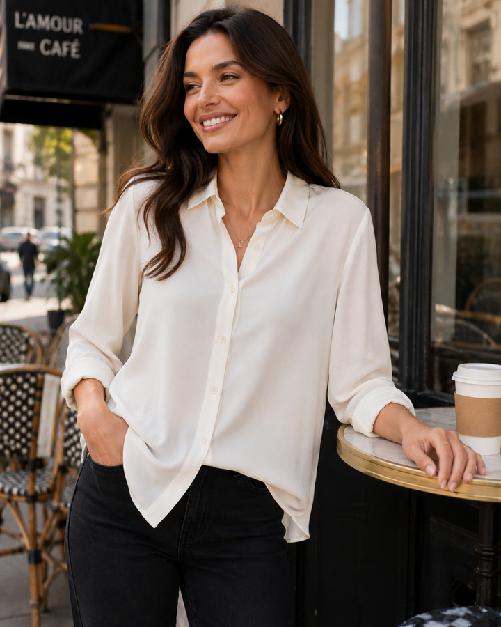 A woman wearing Cinqo White Blouse long-sleeve button-up shirt and black pants, standing on a city sidewalk next to a cafe table with a coffee cup.