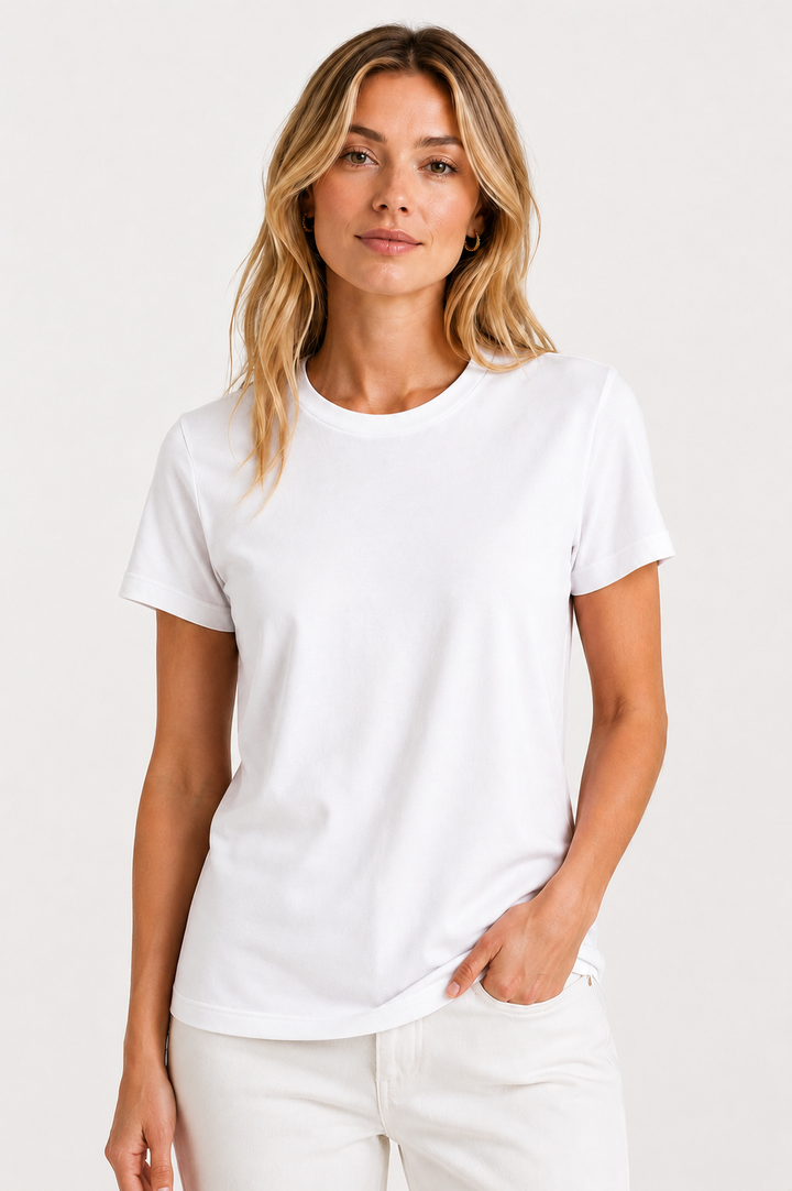 woman wearing a Buki Cinqo White Tee in a studio