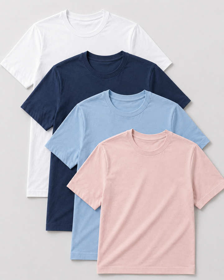 Coastal Tech Tees in crew-neck T-shirts in white, blue n ight, french blue, and dusty rose, arranged in a stacked fan layout on a light gray background