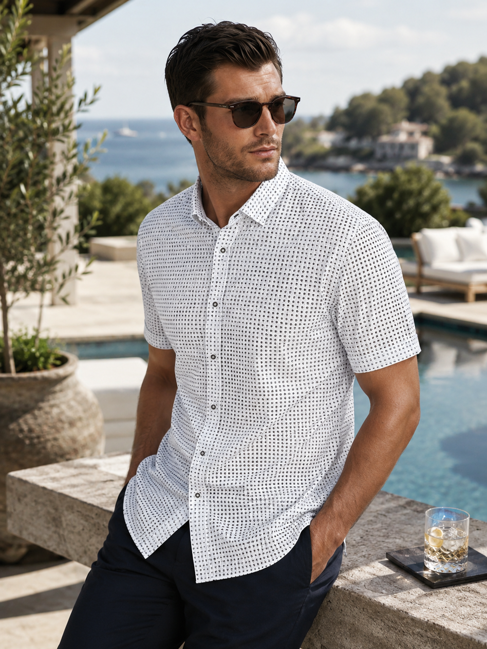 Man wearing a Buki Connery short sleeve shirt and sunglasses by a poolside with a scenic background.