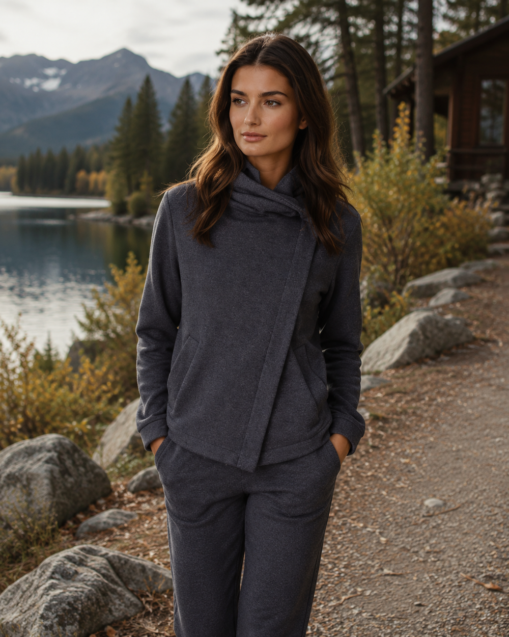 Woman in a gray Dakota Jacket and Unisezy Jogger Pant standing by a lake with mountains in the background