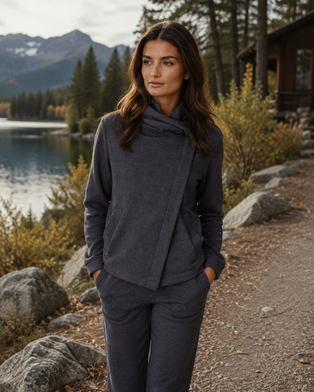 Woman in a gray Dakota Jacket and Unisezy Jogger Pant standing by a lake with mountains in the background