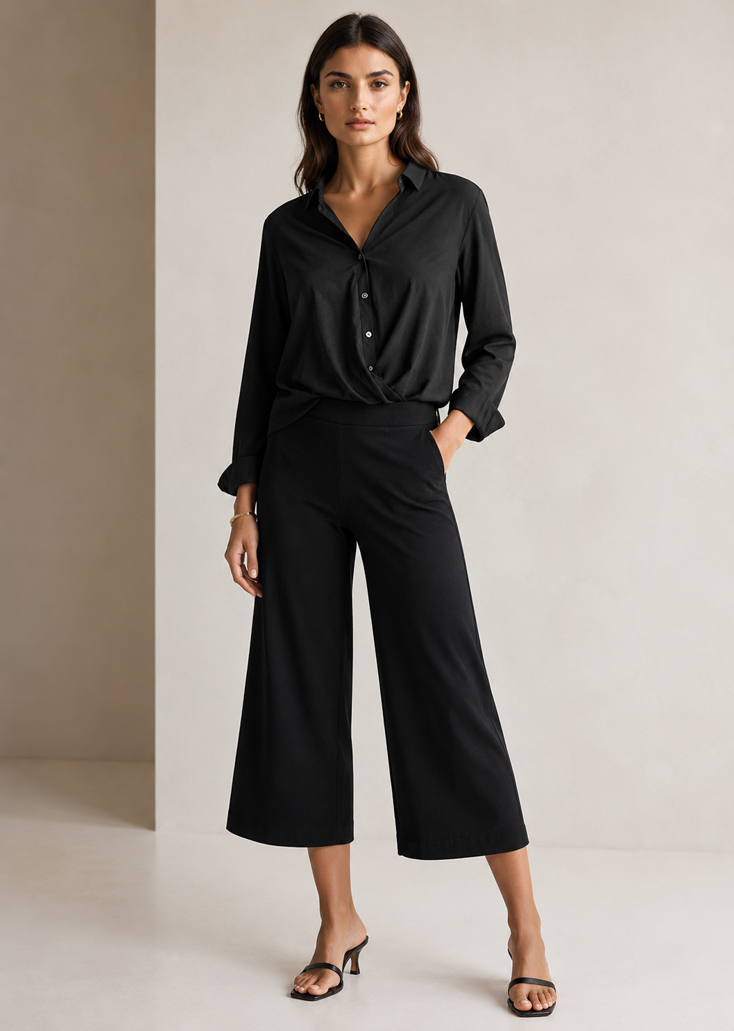 Woman wearing a black Buki Barcelona Blouse with a Fancy Nancy Pant against a neutral background