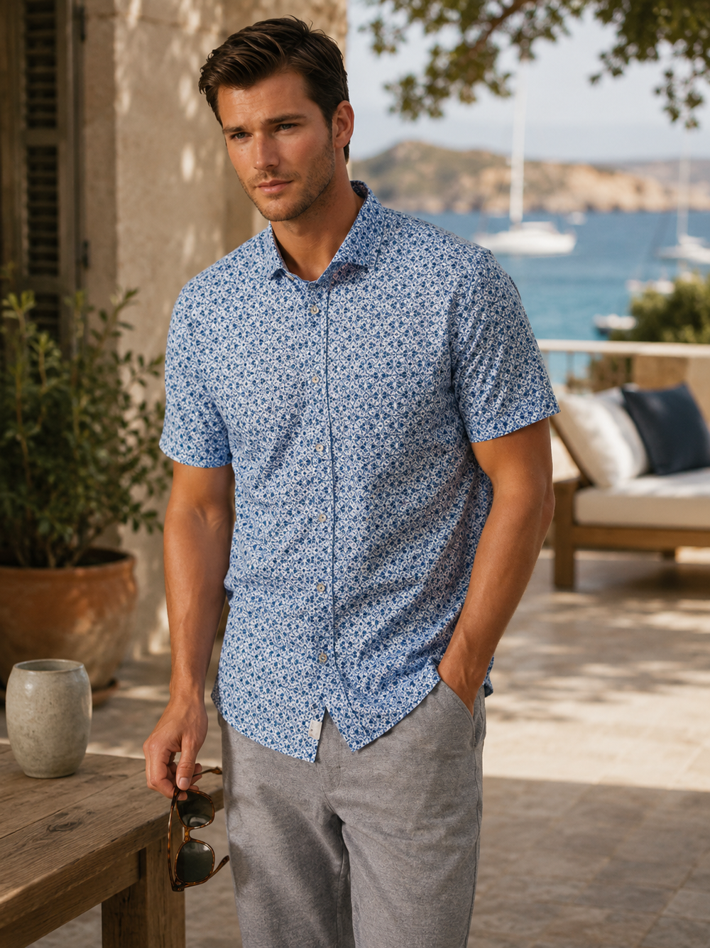 Man wearing a Buki Field Day SHort Sleeve shirt and High Five grey Pant standing outdoors with a scenic background