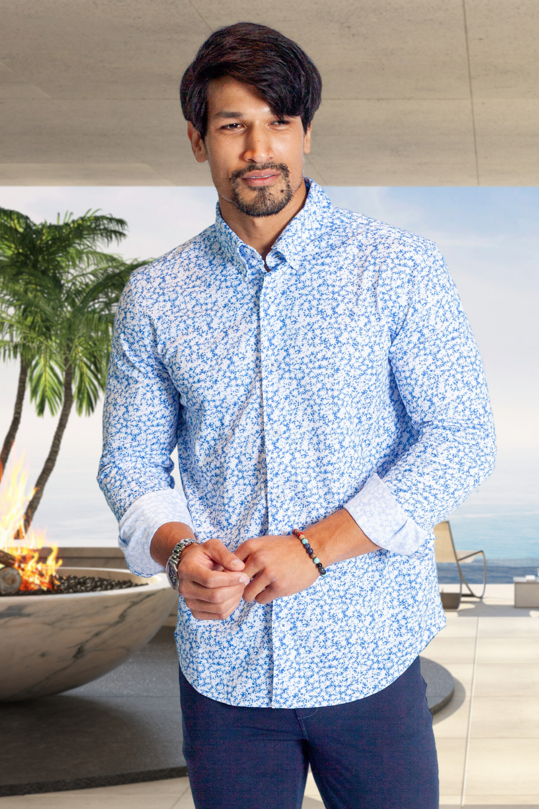 Five-O Floral Long Sleeve Tech Shirt-LONG SLEEVE SHIRTS-BUKI-M-Blue/White-Buki