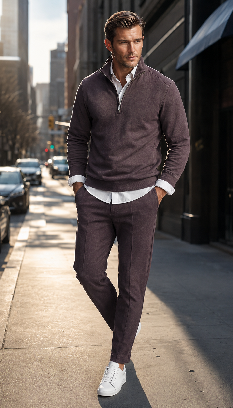 A man walking on a city sidewalk wearinga Buki Espresso Getaway Pant L quarter-zip Voey pullover sweater, matching brown trousers, a white collared shirt, and white sneakers.