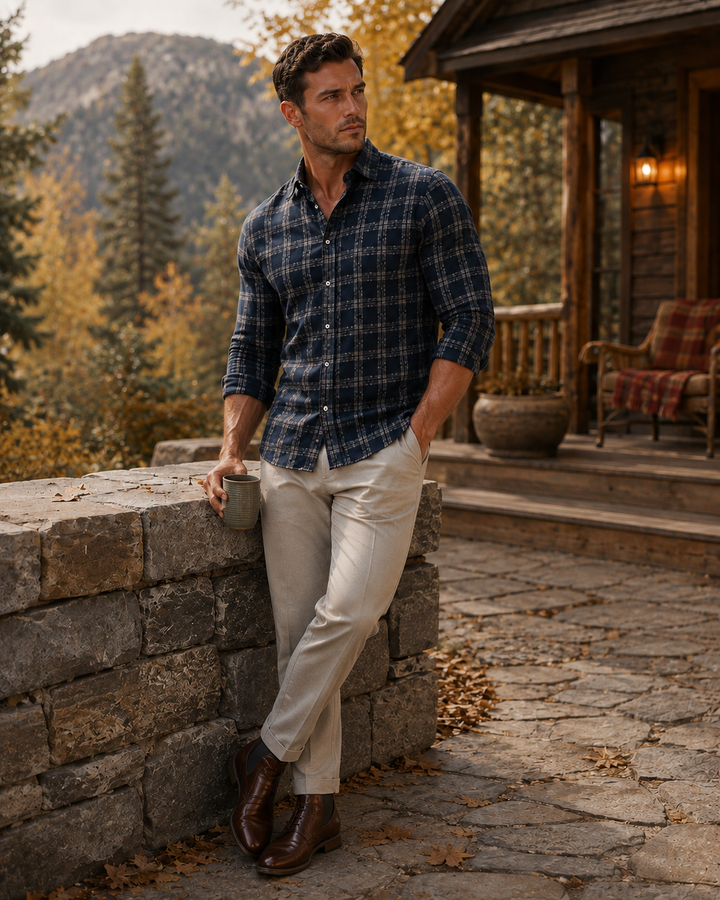 Man wearing a Buki Latitude Long Sleeve tech shirt at his cabin 