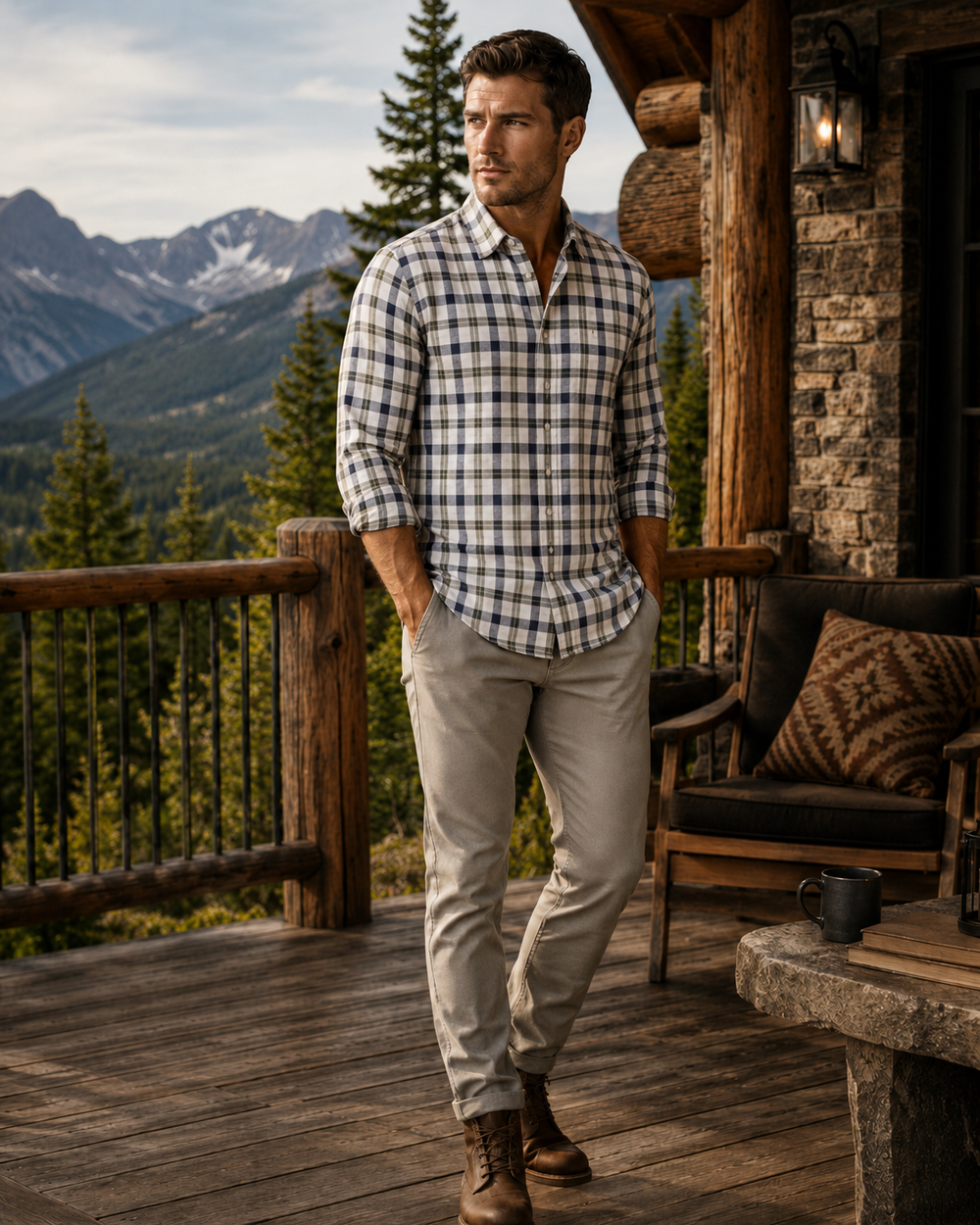 A man stands on a rustic wooden porch of a log cabin, wearing a Buki Latitude plaid button-down shirt, beige trousers, and brown leather boots, with a mountain and pine forest background.