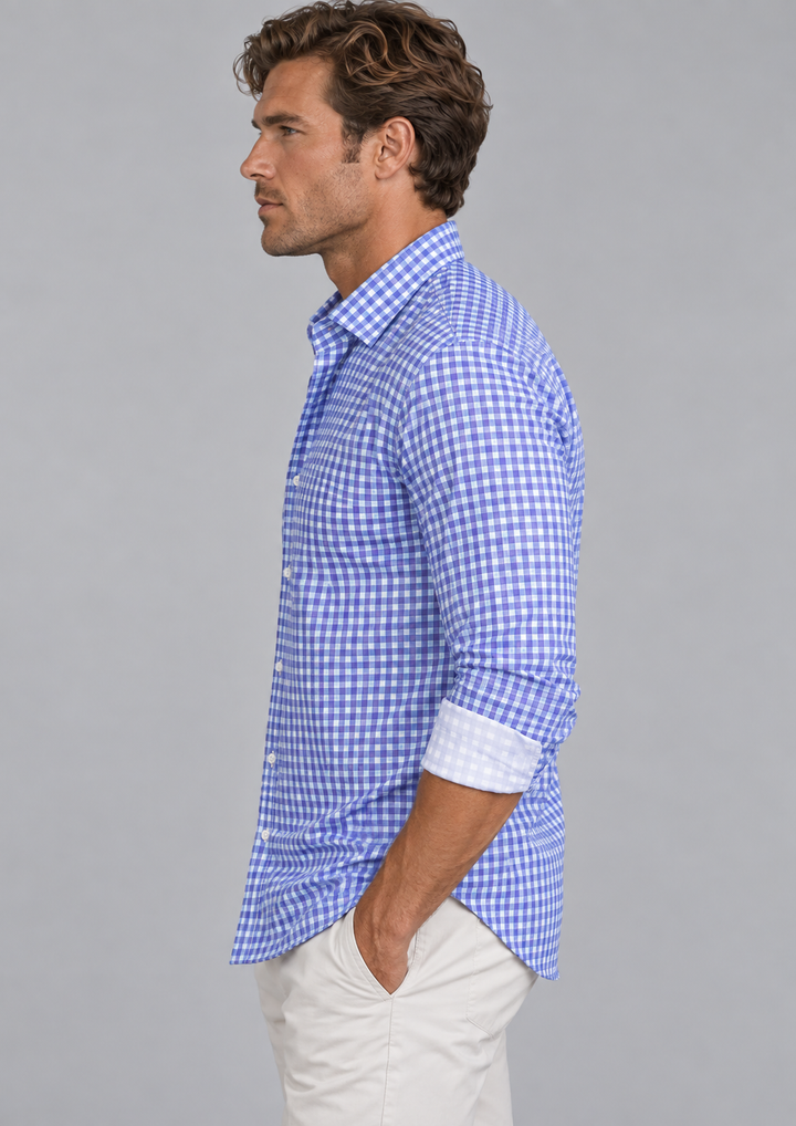 Mauro Long Sleeve Check Tech Shirt - Royal Blue-LONG SLEEVE SHIRTS-BUKI-L Tokyo Blue-Buki